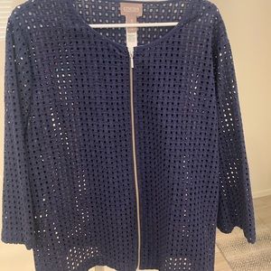 Chico’s. Cropped sleeve, zipper work top. Blue cover up. Never worn. Size 3.